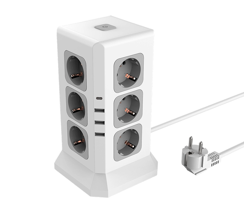 Ciabatta multifunzione cablata E11 con 12 prese stile europeo, 3 porte USB-A e 1 porta USB-C, con interruttore