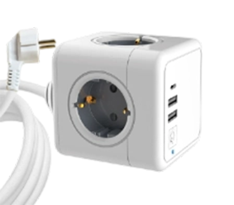 Ciabatta cubica cablata E04C con 4 prese stile europeo, 2 porte USB-A e 1 porta USB-C