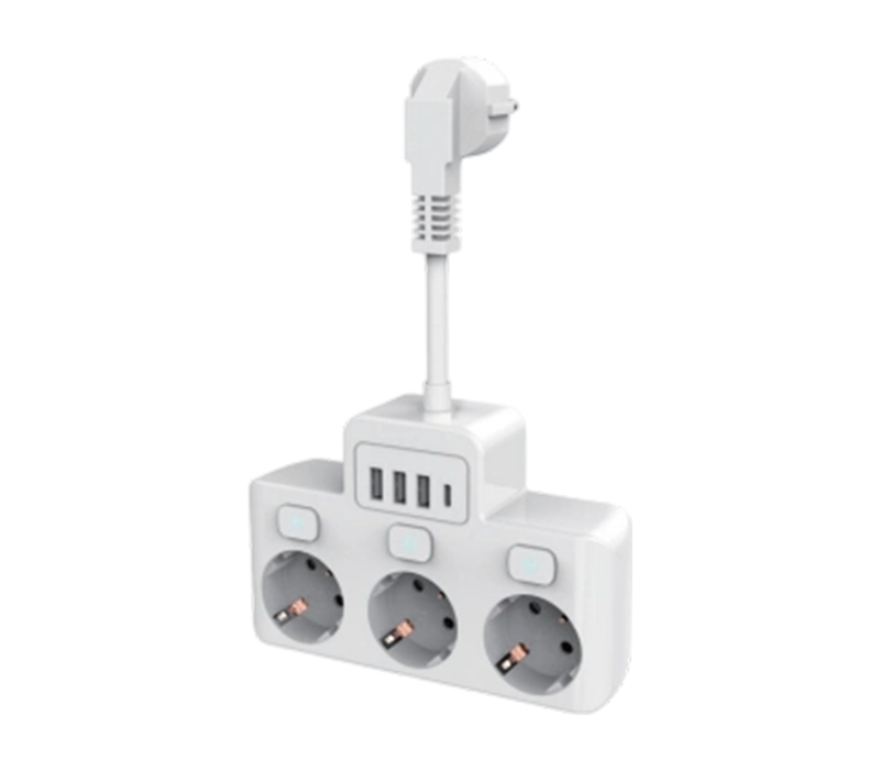 Multipresa cablata E14 con 3 prese stile europeo, 3 porte USB-A e 1 porta USB-C, con interruttore indipendente