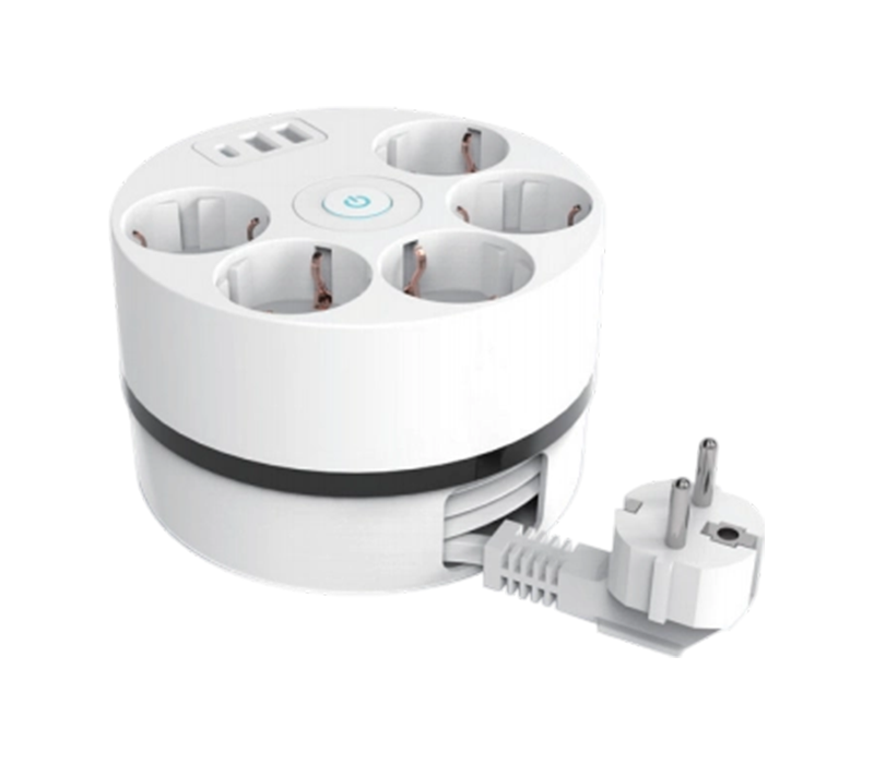 Multipresa per avvolgicavo E18 con cavo retrattile, 5 prese stile europeo, 2 porte USB-A e 1 porta USB-C, interruttore incluso