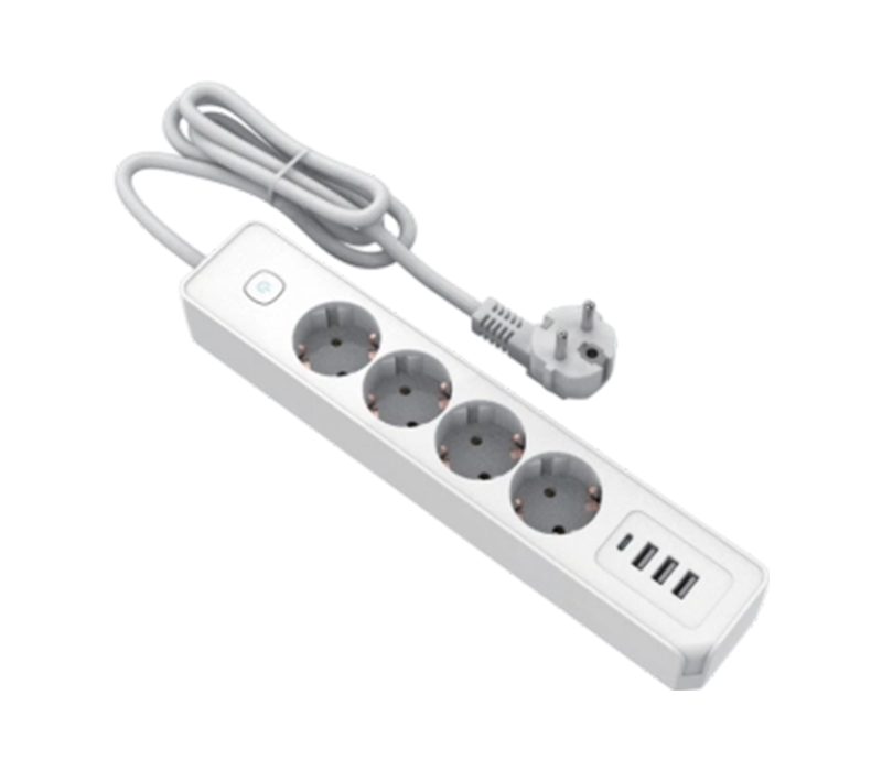 Multipresa E21-4 in stile europeo con 4 prese, 3 porte USB-A e 1 porta USB-C, interruttore incluso