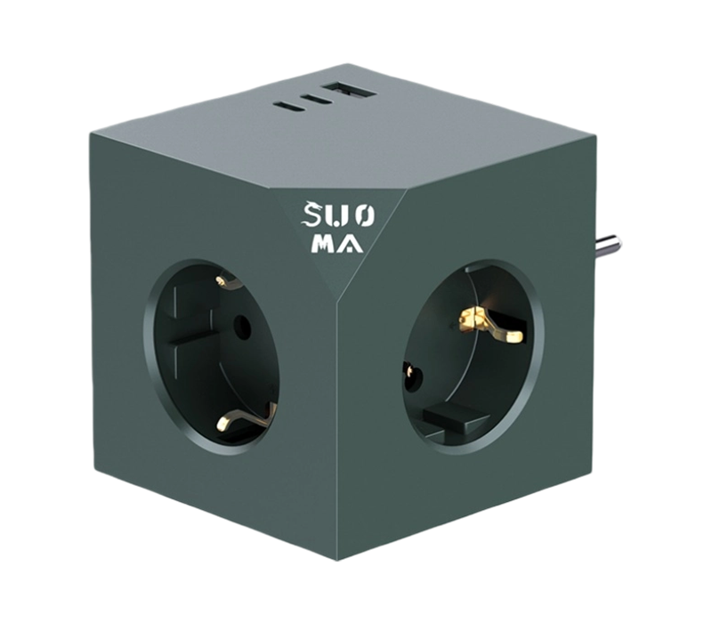 Ciabatta cubica plug-in E24 con 3 prese di tipo europeo, 1 porta USB-A e 2 porte USB-C