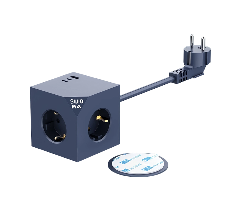 Ciabatta cubica cablata E25 con 3 prese stile europeo, 1 porta USB-A e 2 porte USB-C, con adesivi adesivi da 3 m