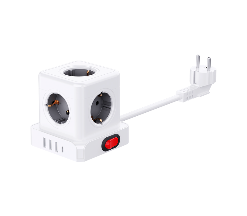Ciabatta cubica cablata E23 con 5 prese di tipo europeo, 3 porte USB-A e 1 porta USB-C, con interruttore