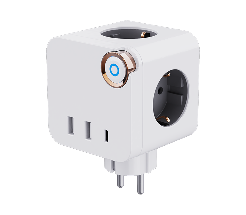 Ciabatta cubica plug-in E19 con 3 prese stile europeo, 2 porte USB-A e 1 porta USB-C, con interruttore