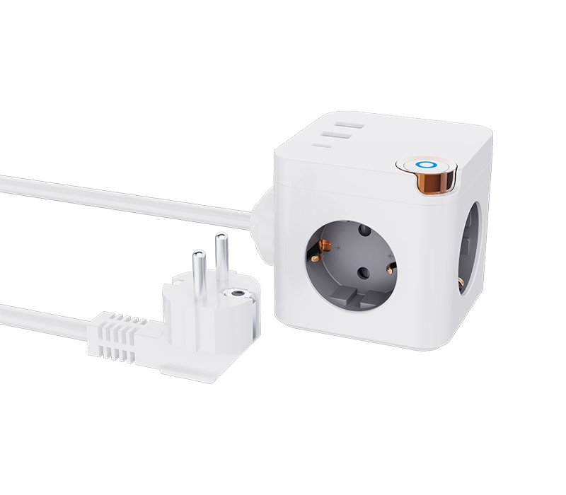 Ciabatta cubica cablata E20 con 3 prese stile europeo, 2 porte USB-A e 1 porta USB-C, con interruttore